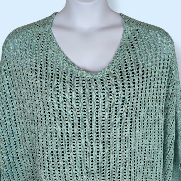 Big Buddha Green-Blue Metallic Open Knit Poncho Sweater - Picture 3 of 8